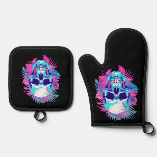 Bloemen schedel in vaporwave stijl ovenwant & pannenlap set (Voorkant)