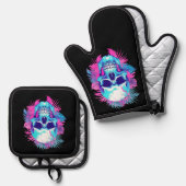 Bloemen schedel in vaporwave stijl ovenwant & pannenlap set (Voorkant / Achterkant)