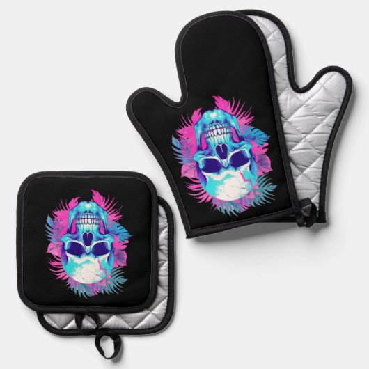 Bloemen schedel in vaporwave stijl ovenwant & pannenlap set (Voorkant / Achterkant)
