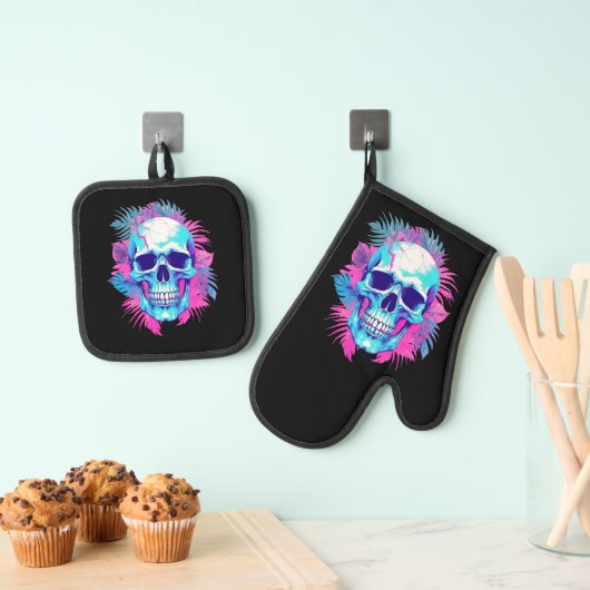 Bloemen schedel in vaporwave stijl ovenwant & pannenlap set (Insitu(Ophanging))