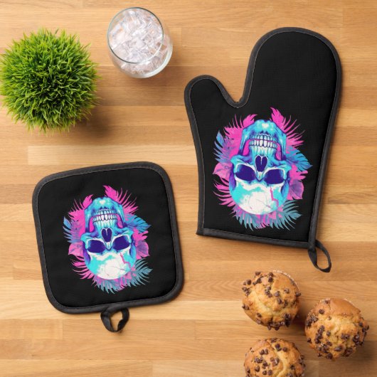 Bloemen schedel in vaporwave stijl ovenwant & pannenlap set (Top down)