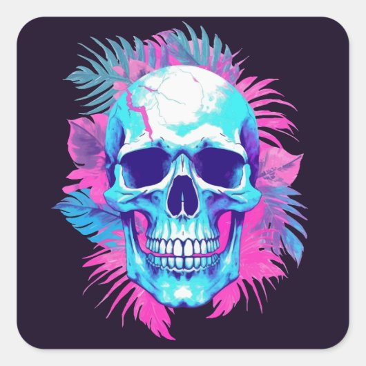 Bloemen schedel in vaporwave stijl vierkante sticker (Voorkant)