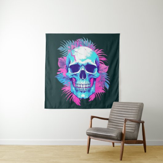 Bloemen schedel in vaporwave stijl wandkleed (In situ)