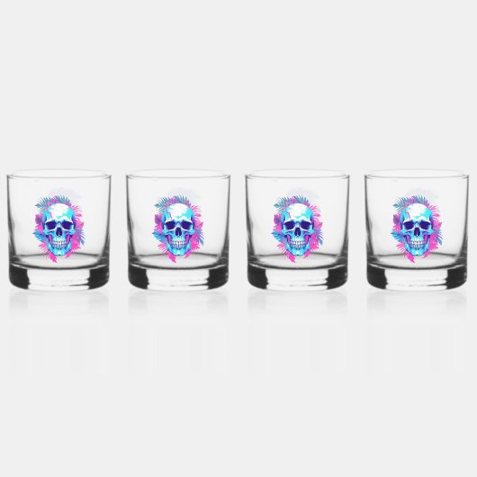 Bloemen schedel in vaporwave stijl whisky glas (Achterkant)