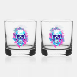 Bloemen schedel in vaporwave stijl whisky glas