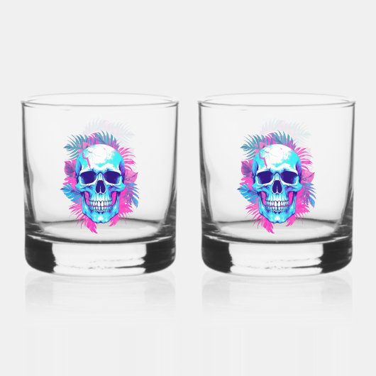 Bloemen schedel in vaporwave stijl whisky glas (Achterkant)