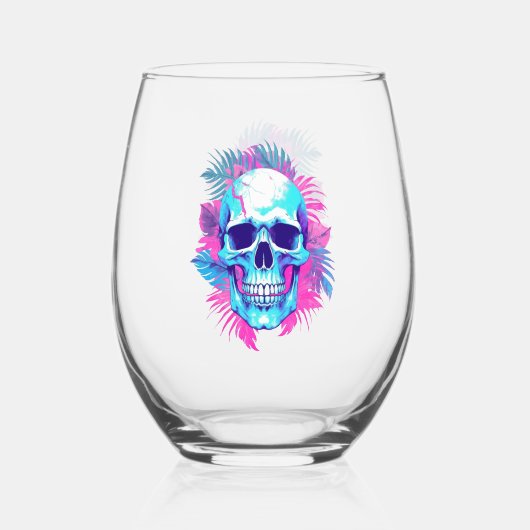 Bloemen schedel in vaporwave stijl wijnglas zonder voet (Voorkant)