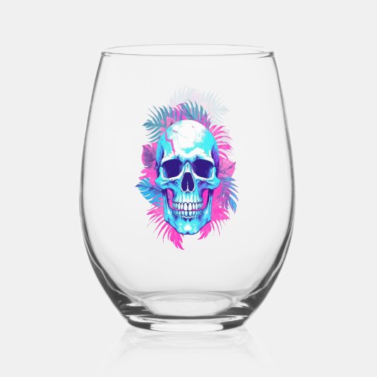 Bloemen schedel in vaporwave stijl wijnglas zonder voet (Achterkant)