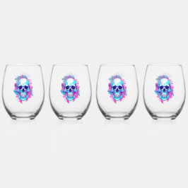 Bloemen schedel in vaporwave stijl wijnglas zonder voet