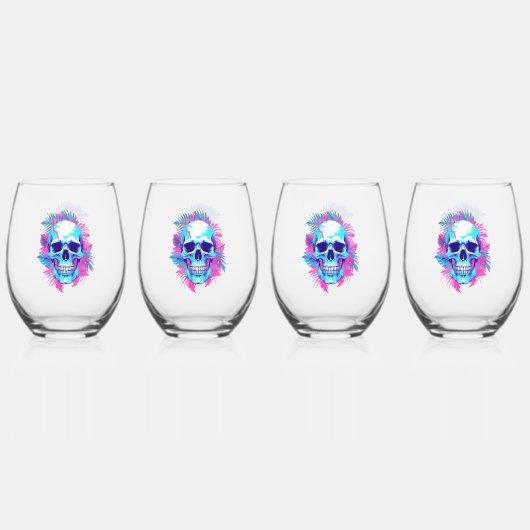 Bloemen schedel in vaporwave stijl wijnglas zonder voet (Voorkant)