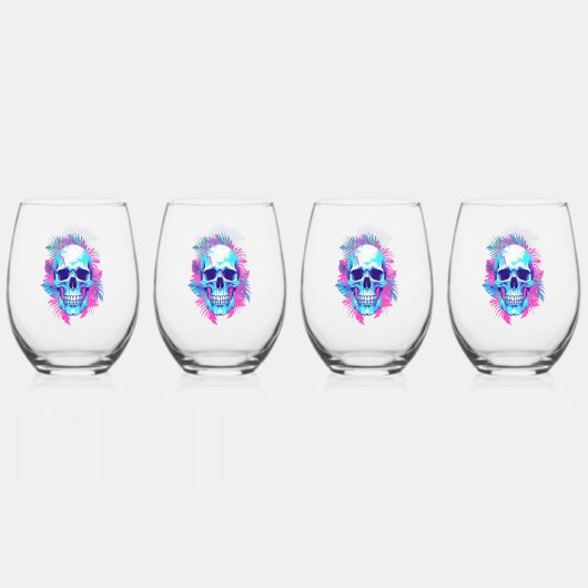 Bloemen schedel in vaporwave stijl wijnglas zonder voet (Achterkant)