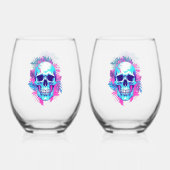 Bloemen schedel in vaporwave stijl wijnglas zonder voet (Achterkant)