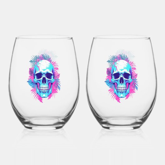 Bloemen schedel in vaporwave stijl wijnglas zonder voet (Achterkant)