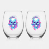 Bloemen schedel in vaporwave stijl wijnglas zonder voet (Voorkant)