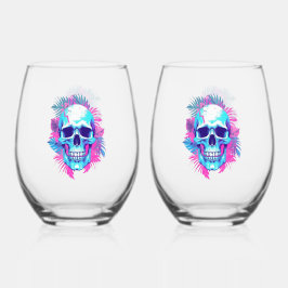 Bloemen schedel in vaporwave stijl wijnglas zonder voet