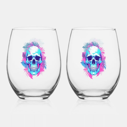 Bloemen schedel in vaporwave stijl wijnglas zonder voet (Voorkant)