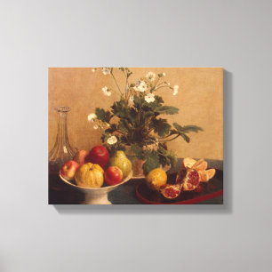 Bloemen, schotels met vruchten en karafel, 1865 canvas afdruk