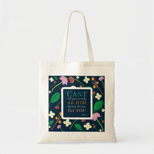 Bloemen Schrift 1 Petrus 5:7 Tote Bag (Voorkant)