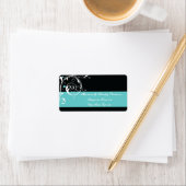 Bloemen scroll blad zwart aqua bruiloft etiket (Insitu)