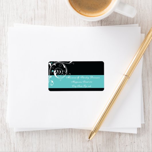 Bloemen scroll blad zwart aqua bruiloft etiket (Insitu)