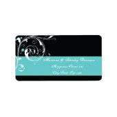 Bloemen scroll blad zwart aqua bruiloft etiket (Voorkant)