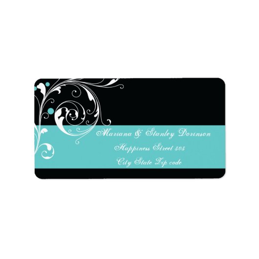 Bloemen scroll blad zwart aqua bruiloft etiket (Voorkant)