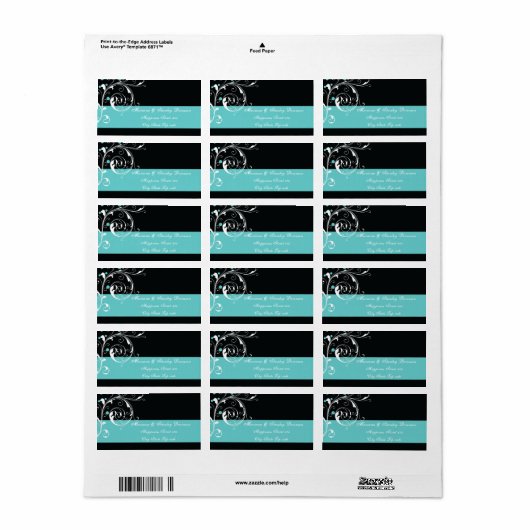 Bloemen scroll blad zwart aqua bruiloft etiket (Full Sheet)