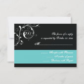 Bloemen scroll blad zwart, aqua bruiloft RSVP (Achterkant)