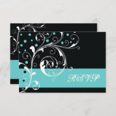 Bloemen scroll blad zwart, aqua bruiloft RSVP (Voorkant / Achterkant)