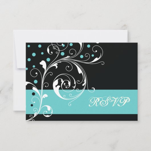 Bloemen scroll blad zwart, aqua bruiloft RSVP Kaartje (Voorkant)