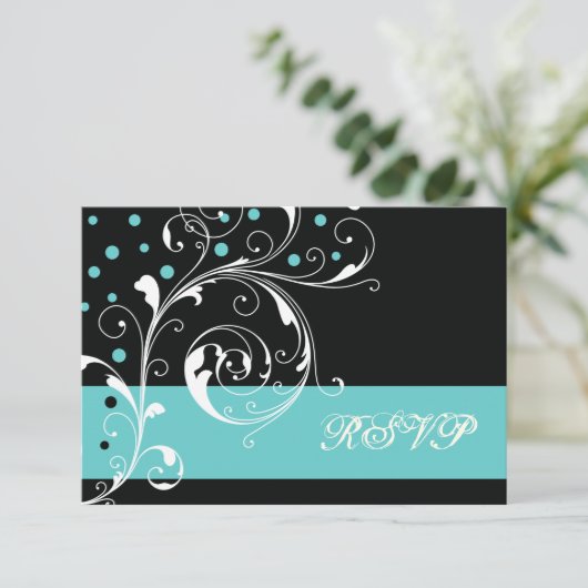Bloemen scroll blad zwart, aqua bruiloft RSVP Kaartje (Staand voorkant)