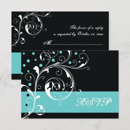 Bloemen scroll blad zwart, aqua bruiloft RSVP Kaartje (Voorkant / Achterkant)