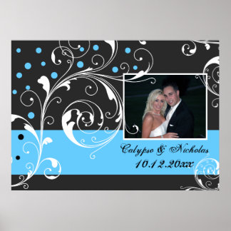 Bloemen scroll blad zwart blauw bruiloft foto poster