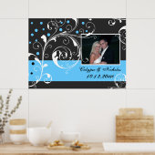 Bloemen scroll blad zwart blauw bruiloft foto poster (Keuken)
