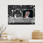 Bloemen scroll blad zwart, grijs bruiloft foto poster (Keuken)