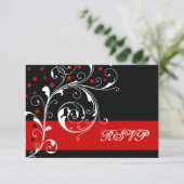 Bloemen scroll blad zwart, rode bruiloft RSVP (Staand voorkant)