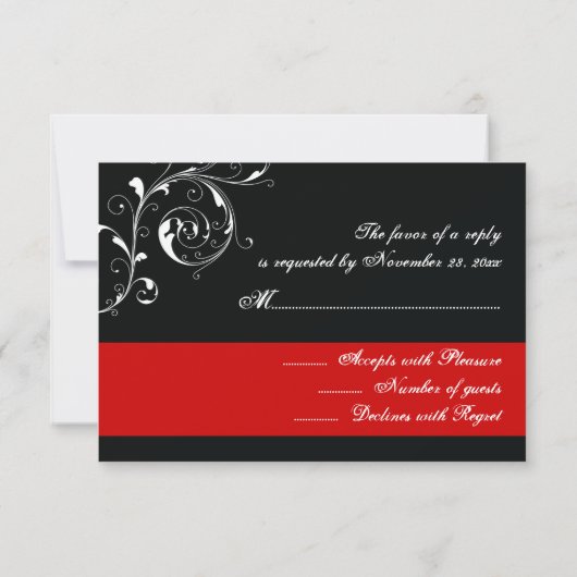 Bloemen scroll blad zwart, rode bruiloft RSVP (Achterkant)