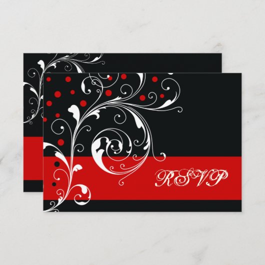 Bloemen scroll blad zwart, rode bruiloft RSVP (Voorkant / Achterkant)
