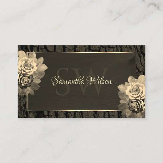 Bloemen Sepia Gold Donkerbruin Houten Graan Monogr Visitekaartje (Voorkant)