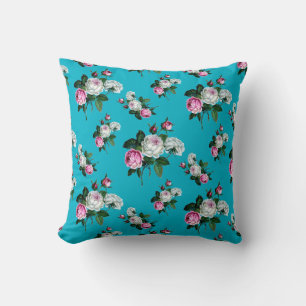 Bloemen Shabby Chic, Roze Witte Rozen, Aqua Kussen