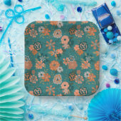 Bloemen Sinaasappel Groene Botanische Patroon Even Papieren Bordje (Feest)