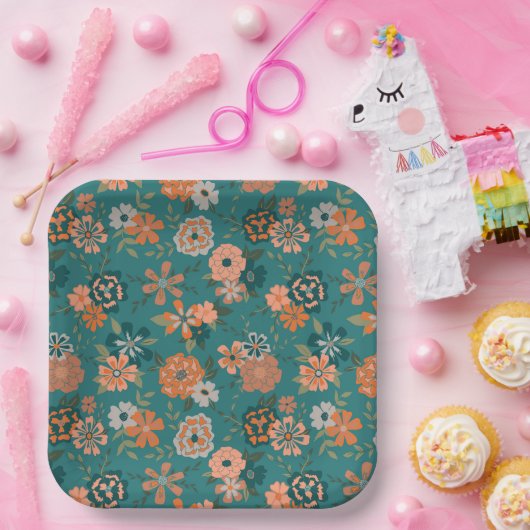 Bloemen Sinaasappel Groene Botanische Patroon Even Papieren Bordje (Feest)