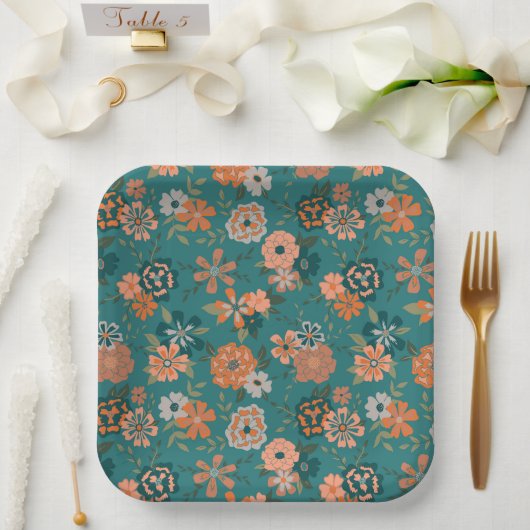 Bloemen Sinaasappel Groene Botanische Patroon Even Papieren Bordje (Huwelijk)