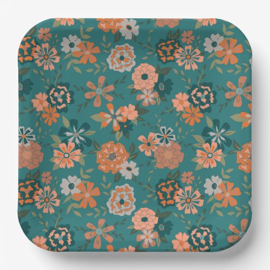 Bloemen Sinaasappel Groene Botanische Patroon Even Papieren Bordje (Voorkant)