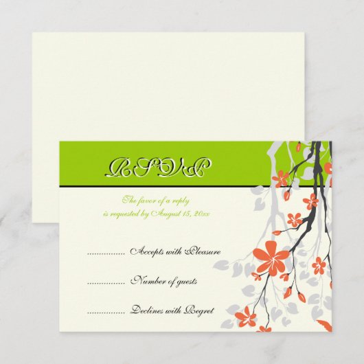 Bloemen sinaasappel limoengroen bruiloft RSVP kaar (Voorkant / Achterkant)