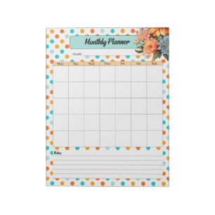 Bloemen Sinaasappel N Blauw Polka Dots _ Maandelij Notitieblok