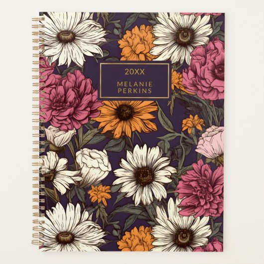 Bloemen Sinaasappel Navy Blue Boho Wildflower Planner (Voorkant)