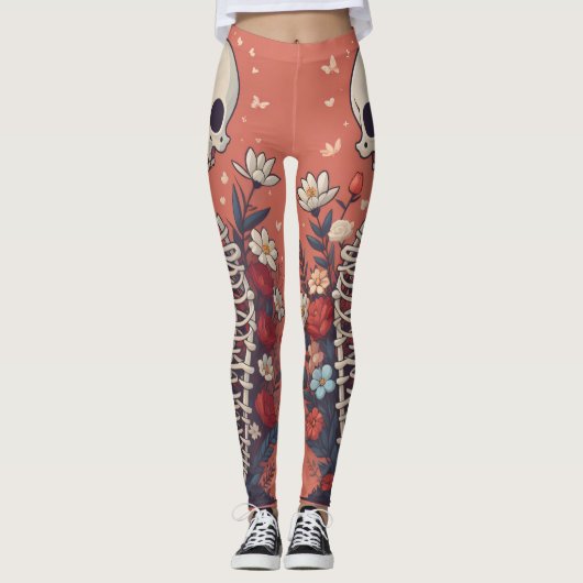 Bloemen Skelet Halloween schedel Ribcage Leggings (Voorkant)