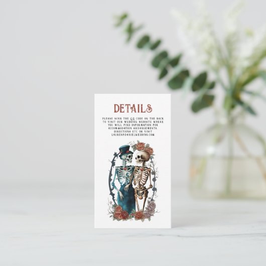 Bloemen Skelet Paar QR Bruiloft Details Enclosur Informatiekaartje (Staand voorkant)