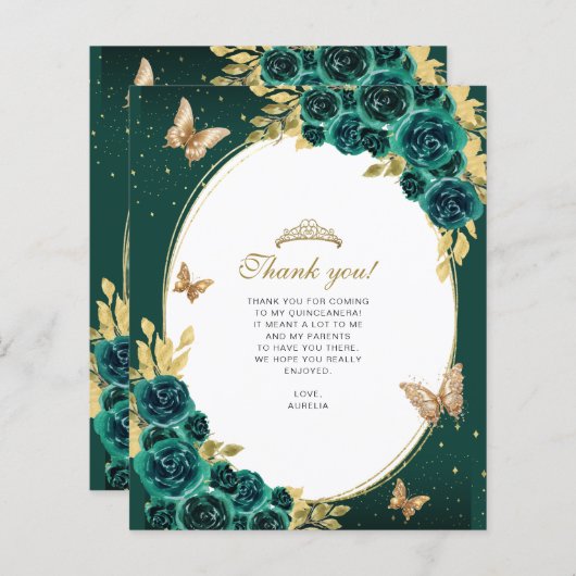 Bloemen Smaragd Gouden Vlinder Quinceañera Foto (Voorkant / Achterkant)